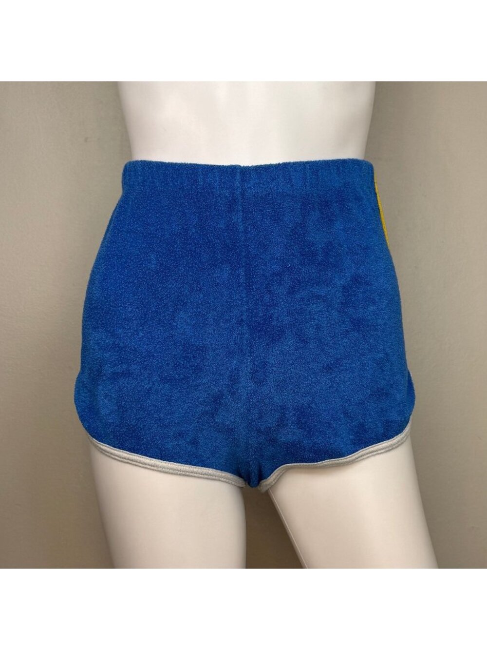 Vintage 1970s Blue Terry Cloth Shorts, Yellow Side Stripes, Sears Jr Bazaar, XS